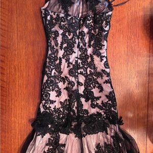 Elegant Pink Silk and Black Lace Dress